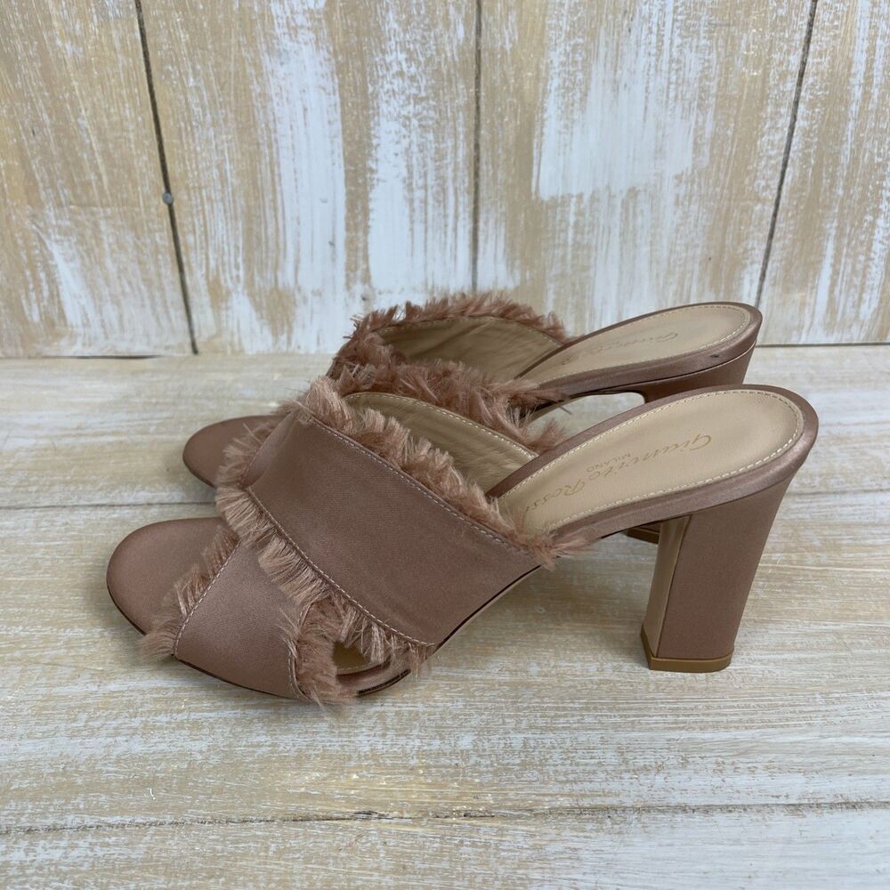 Gianvito Rossi Sandals Crossover Frayed Edges Chunky Heel Satin Pink 37½ Italy - Picture 3 of 13